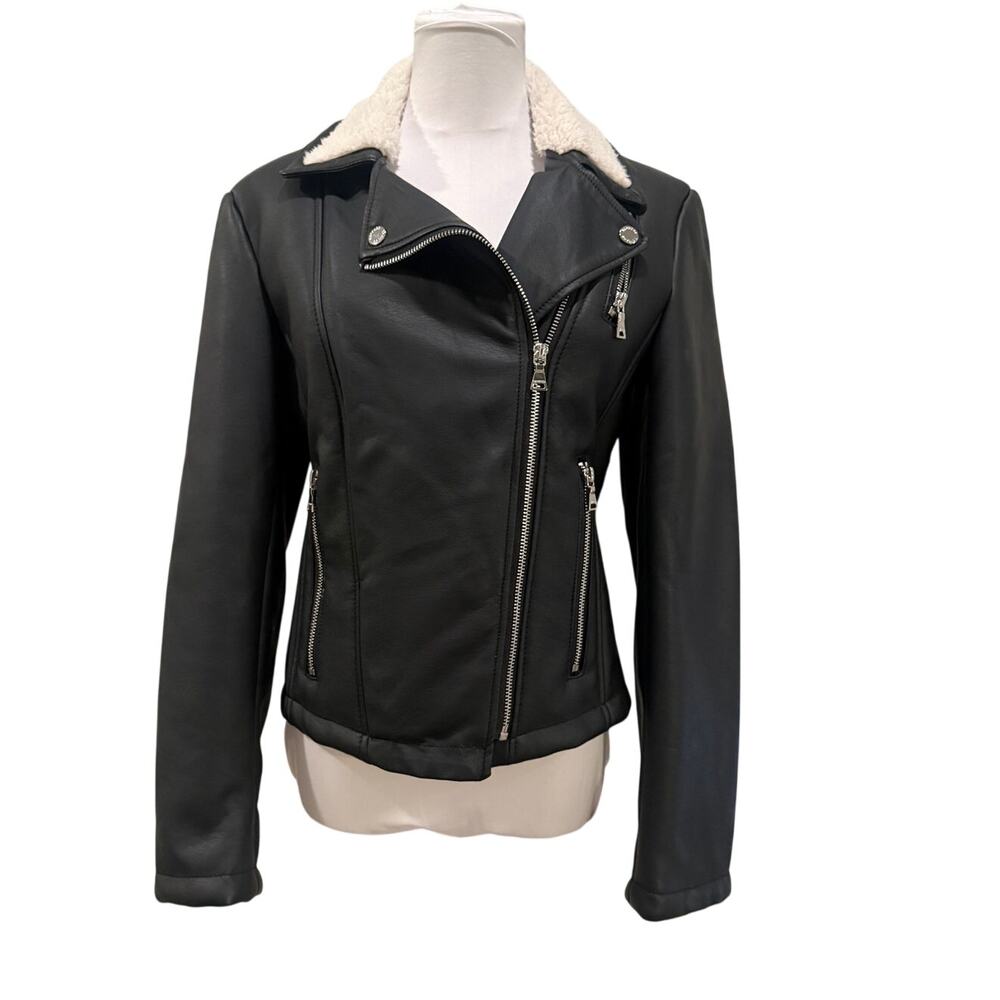 NWT Express Black Faux Leather Sherpa Lined Moto Jacket Biker Chic Edgy Fall
